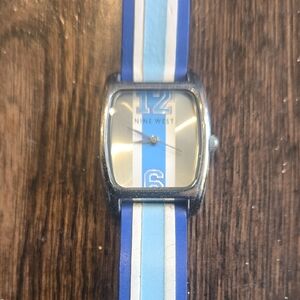 Vintage Nine West Silver Watch with Blue and White Stripes
